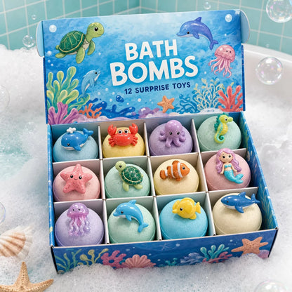 Kids Ocean Bath Bombs with Surprise Sea Animal Toys, Natural Fizzy Bath Bomb Set, Birthday