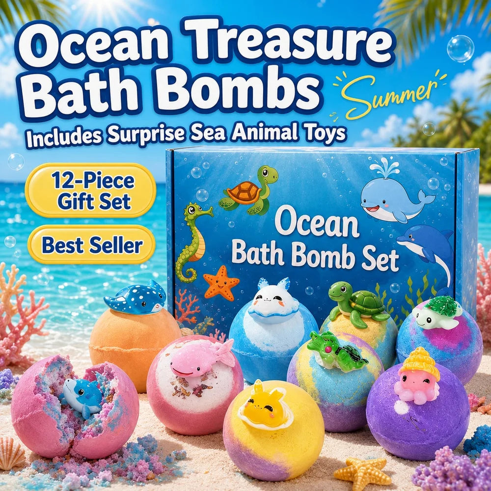 Kids Ocean Bath Bombs with Surprise Sea Animal Toys, Natural Fizzy Bath Bomb Set, Birthday