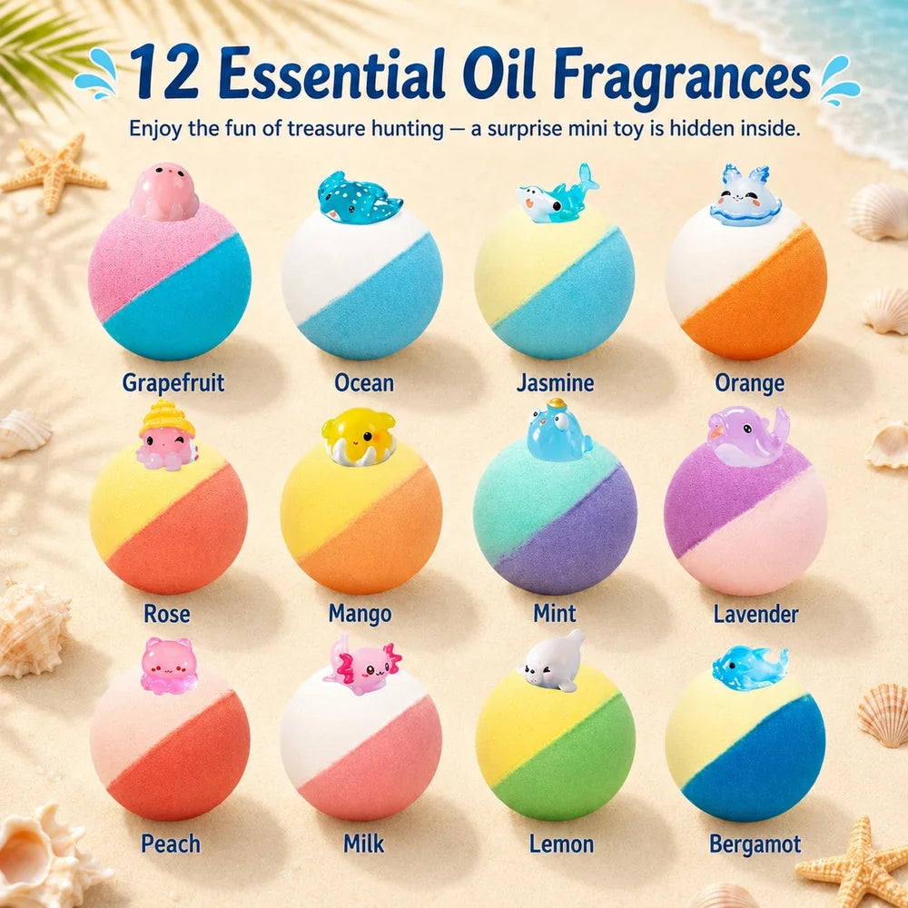 Kids Ocean Bath Bombs with Surprise Sea Animal Toys, Natural Fizzy Bath Bomb Set, Birthday