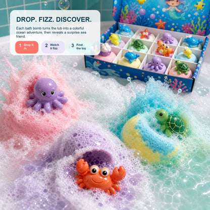 Kids Ocean Bath Bombs with Surprise Sea Animal Toys, Natural Fizzy Bath Bomb Set, Birthday